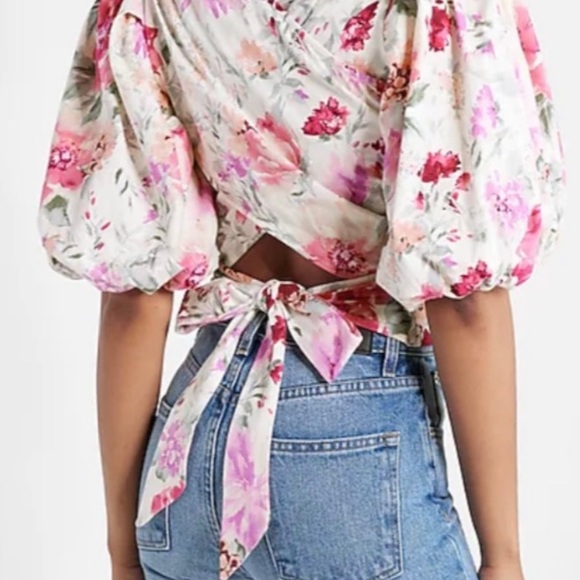 Express Floral Puff Sleeve Top with Tie Back - Picture 3 of 8